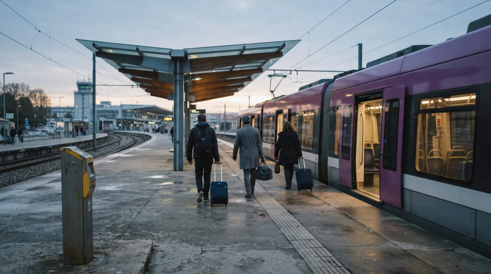 A violet line E metro train waiting at the Aeroporto platform at 06:05 with two travellers and their cases, the first departure of the day from Porto airport to the city