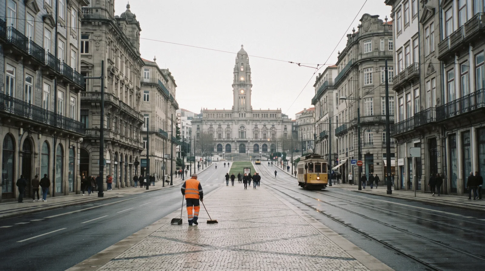 The granite façades and tiled shopfronts of Rua das Flores in the Baixa, the flat centre of Porto, Portugal