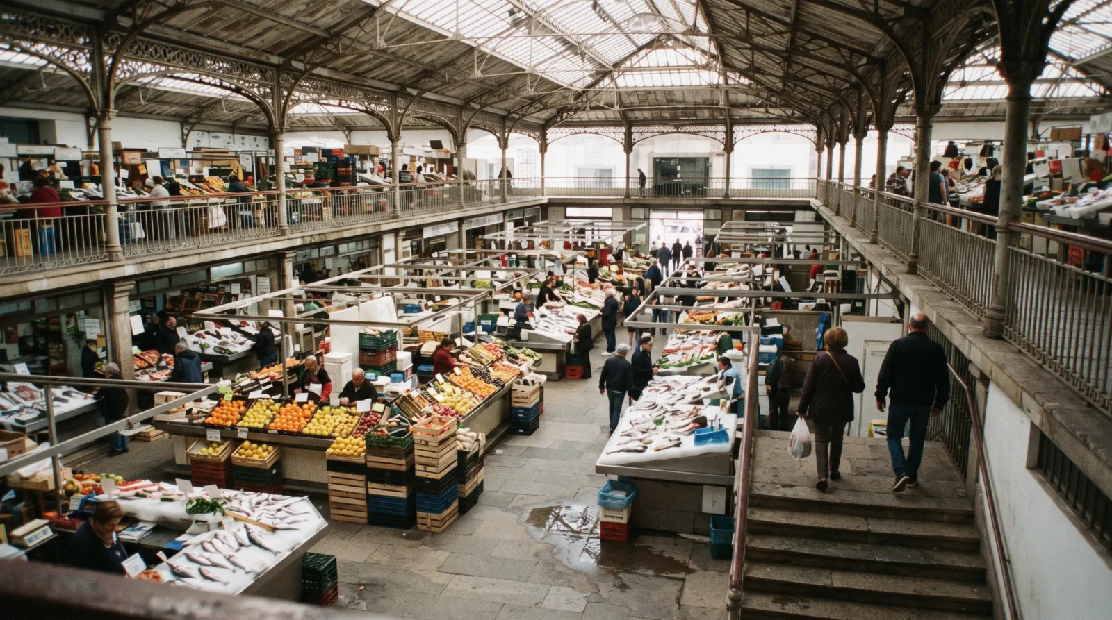 The granite galleries and iron roof of Mercado do Bolhão seen from the upper walkway at 09:20, fruit stalls open on the floor below and two shoppers small in frame from behind, Mercado do Bolhão Porto