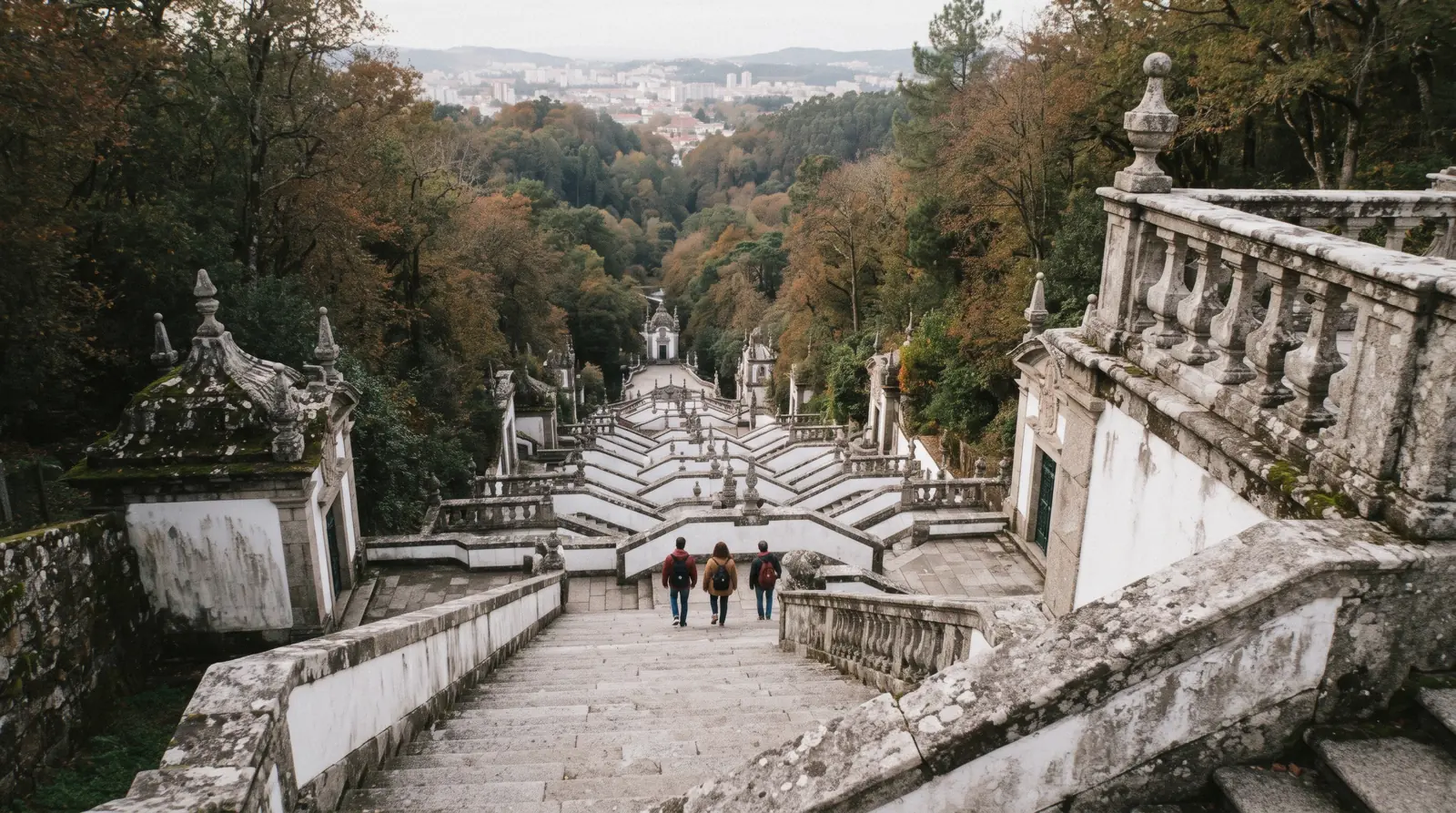 The zigzag baroque stairway of Bom Jesus do Monte climbing through the trees above Braga, the end of a Porto to Braga train day