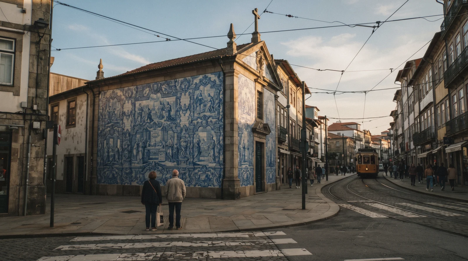 The blue-and-white tiled flank of the Capela das Almas along Rua de Fernandes Tomás at 08:15, the bell tower catching low sun and two shoppers small on the corner seen from behind, Capela das Almas Porto