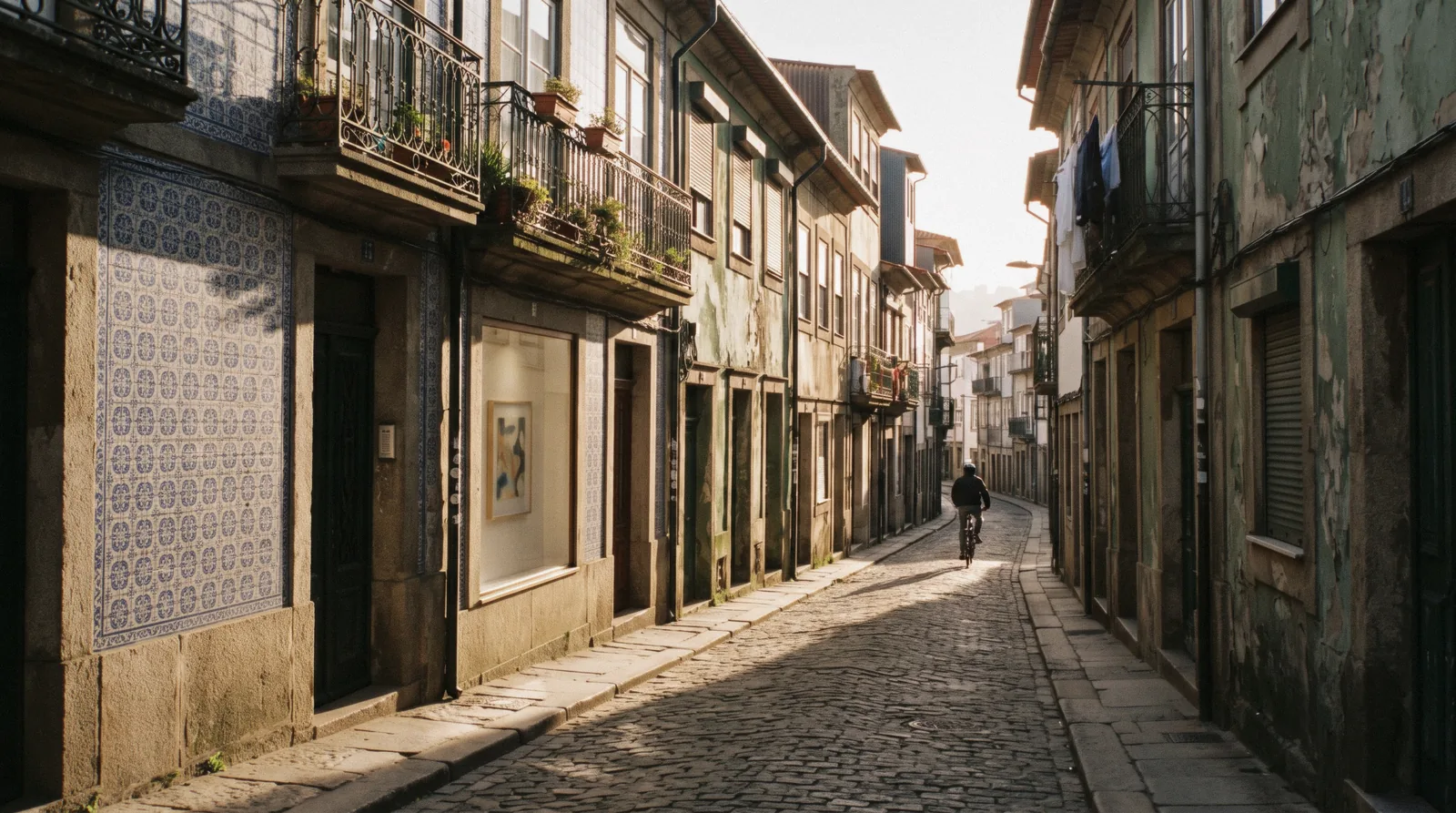 A narrow street of two-storey tiled houses in the Cedofeita district of Porto, Portugal, on a weekday morning