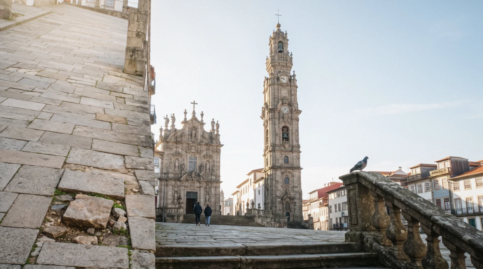 The baroque Clérigos Tower above the rooftops of the Baixa at 08:40 from the Jardim das Oliveiras, two early walkers small at the foot of the stairway, Clérigos Tower Porto