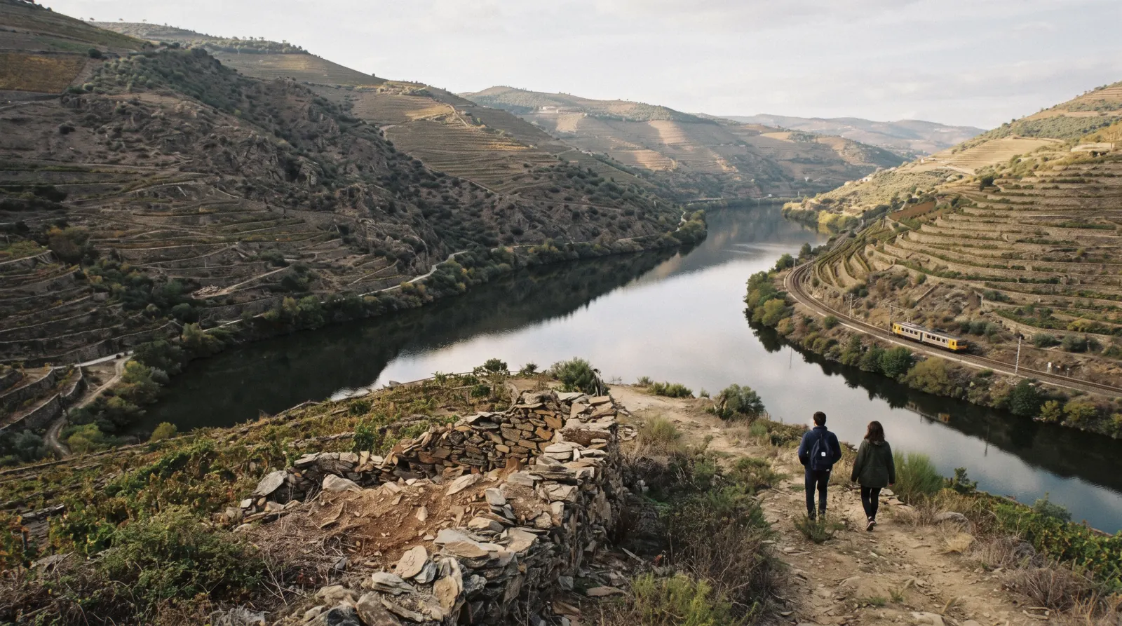 Terraced vineyards falling to the river at Pinhão in late afternoon light, the classic day trip from Porto, a small train crossing the valley floor below
