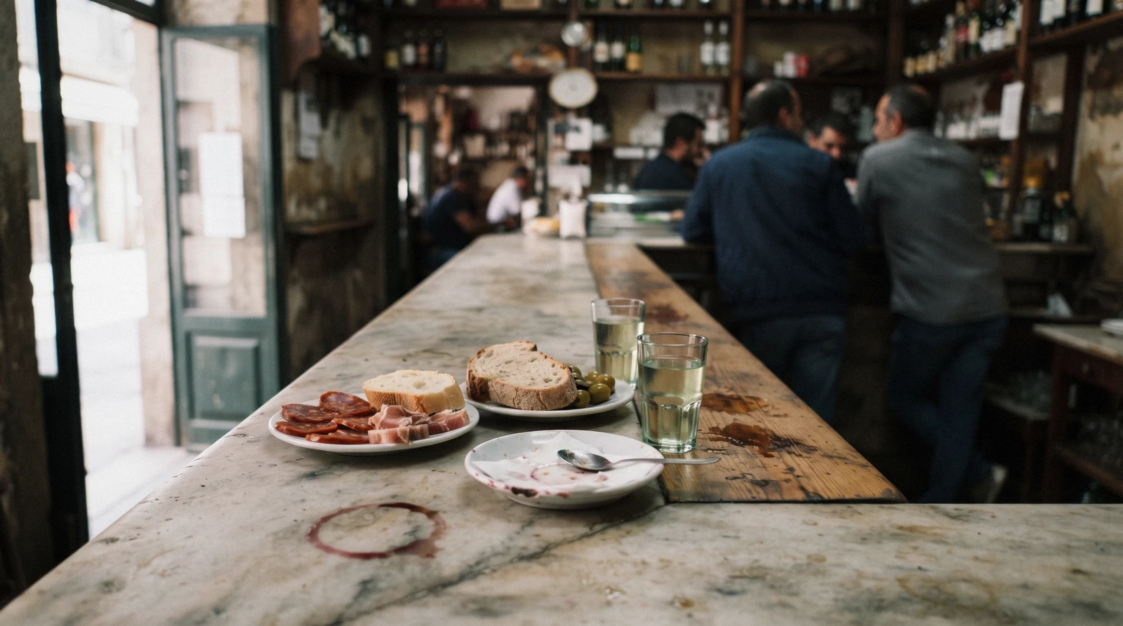 A marble counter in a Porto tasca at midday with small plates, a glass of green wine and two people seen from behind, the kind of stop a Porto food tour makes