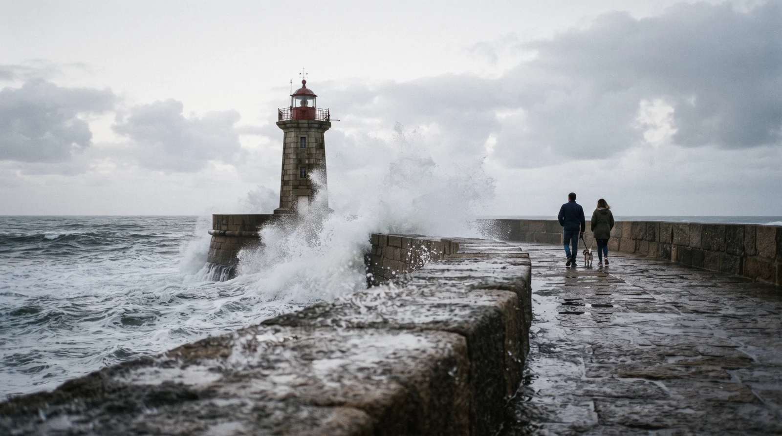 The Atlantic breakwater and the lighthouse at Foz do Douro, where the river leaves Porto, Portugal