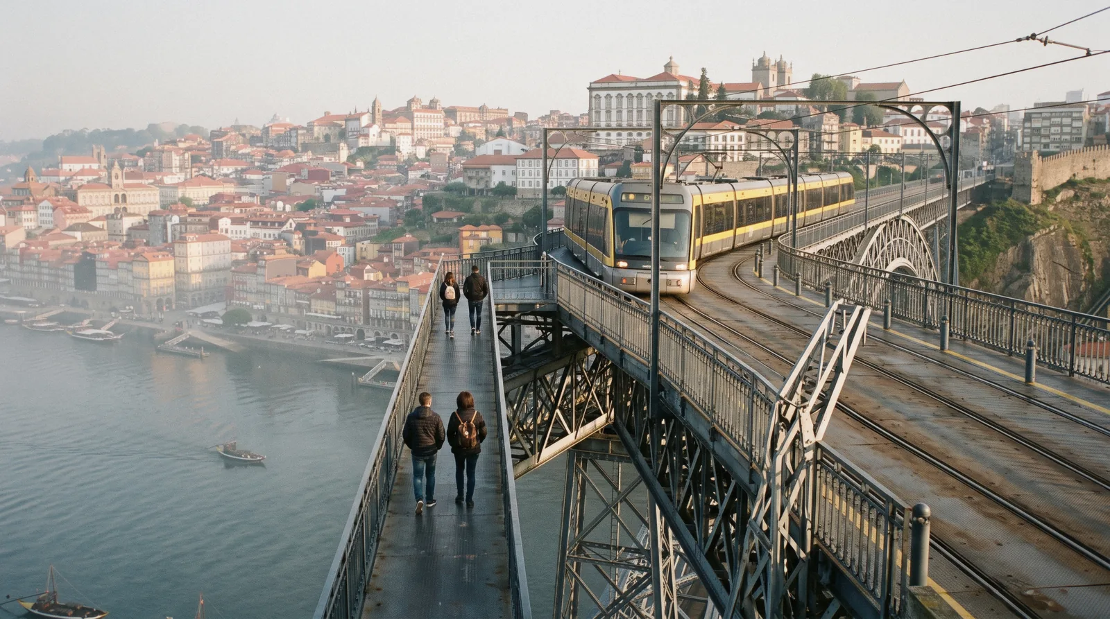 A yellow line D metro train crossing the upper deck of the Luís I bridge above the Douro at 08:20, the ride that puts Porto public transport on a postcard
