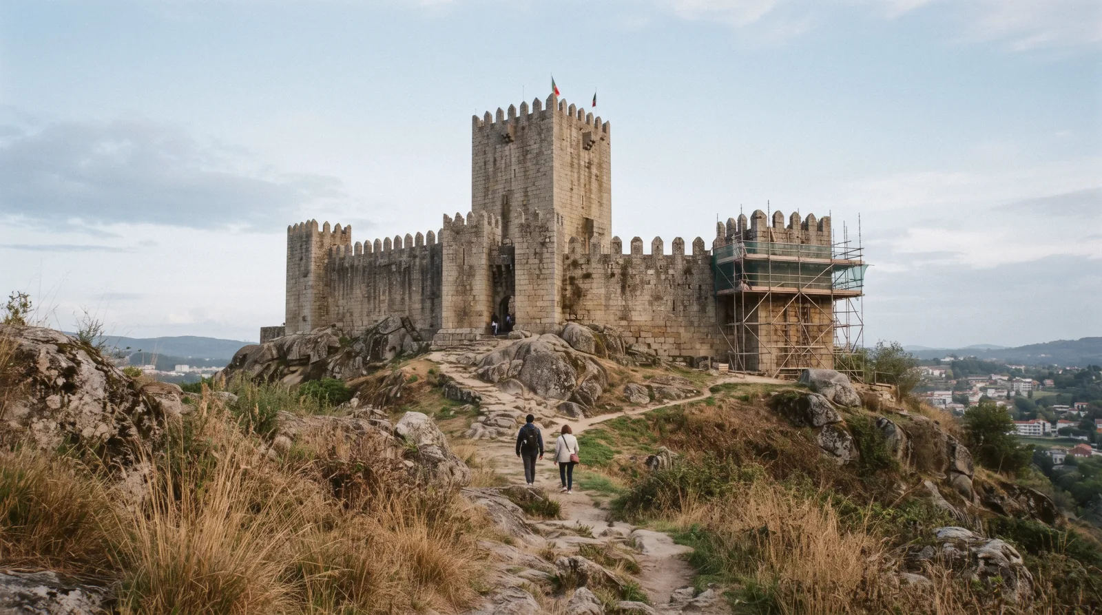 The granite keep and walls of Guimarães castle on its hill above the medieval town, the destination of a Porto to Guimarães train day