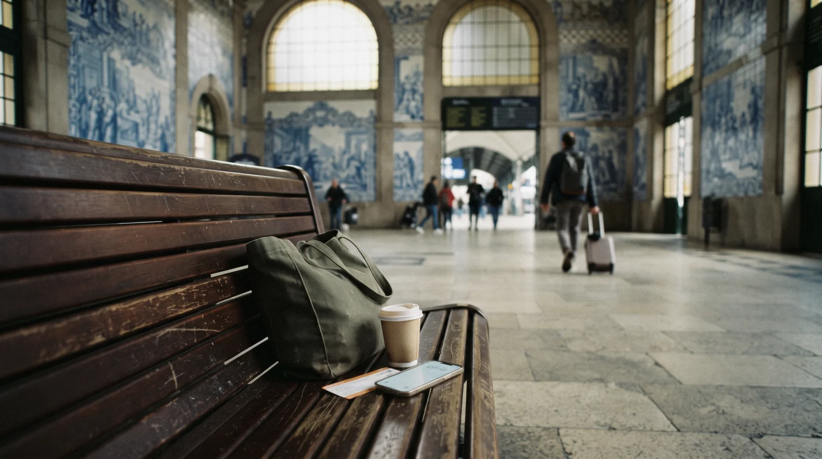 A phone showing a timed entry voucher and a paper CP ticket on a café table above the Ribeira quay in Porto in the early morning, the small list of things that need booking ahead in Porto