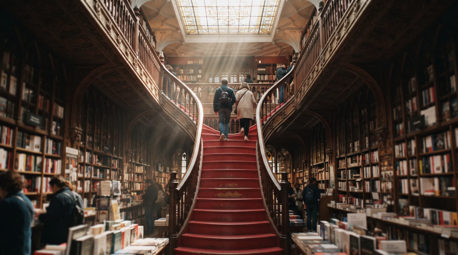 The crimson forked staircase and stained-glass ceiling of Livraria Lello in Porto photographed at opening time with two visitors small at the top of the steps, the view that decides whether Livraria Lello is worth it