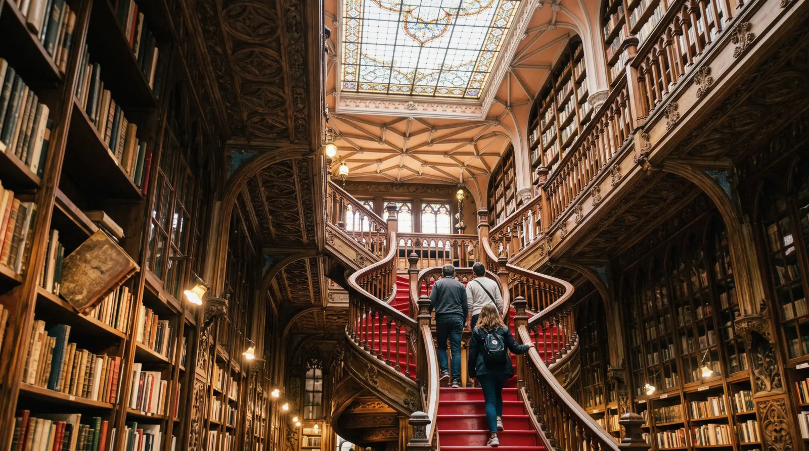 The crimson forked staircase and stained-glass skylight of Livraria Lello at 09:05, the first visitors of the day small on the gallery, Livraria Lello Porto