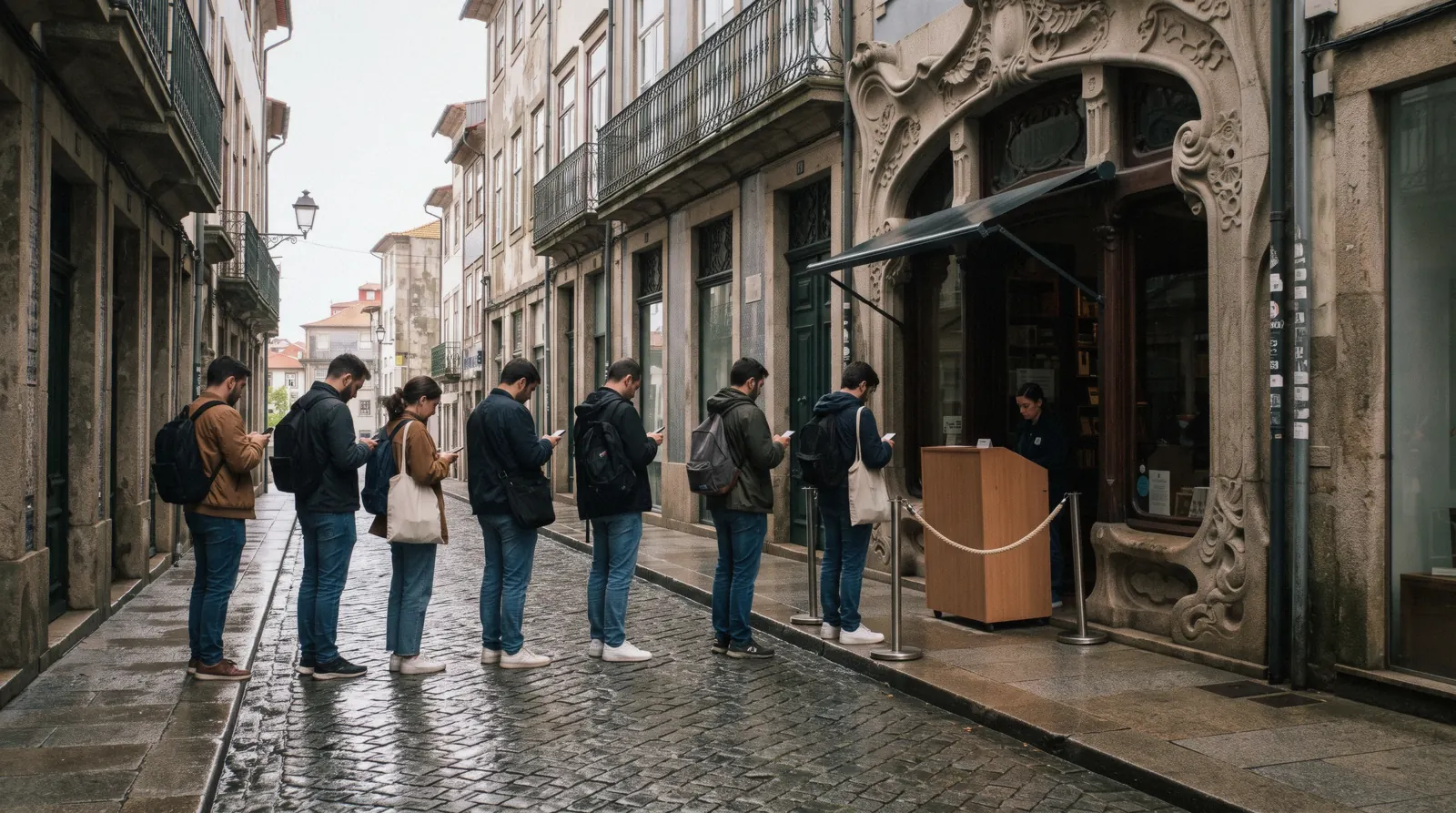 The morning queue along the grey façade of Livraria Lello on Rua das Carmelitas at 08:50, phones out with vouchers, Livraria Lello tickets Porto