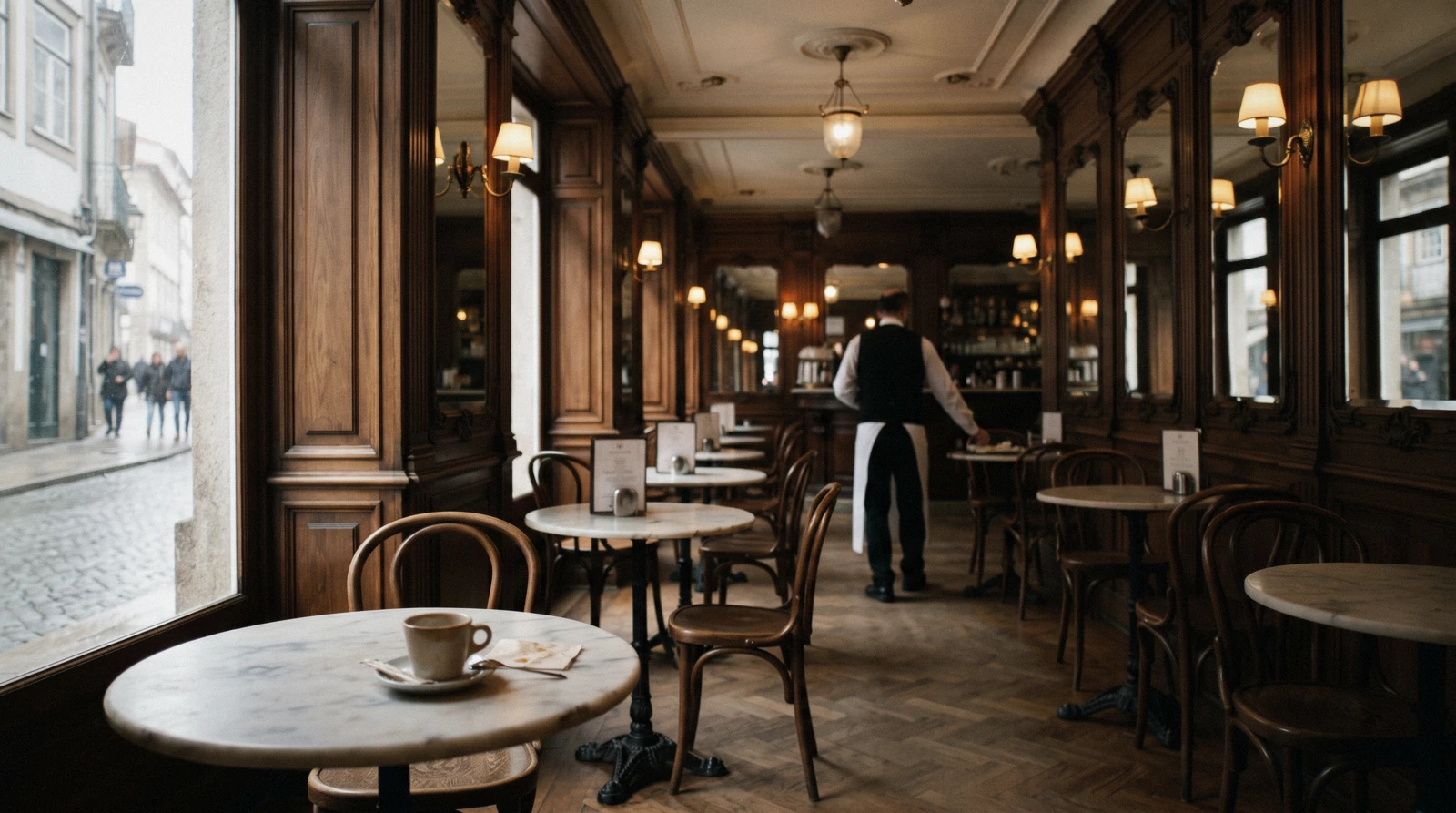The Art Nouveau façade of the Majestic Café on Rua de Santa Catarina at 09:05, carved stone cherubs above the glass door and the first waiter setting out pavement tables, Majestic Café Porto