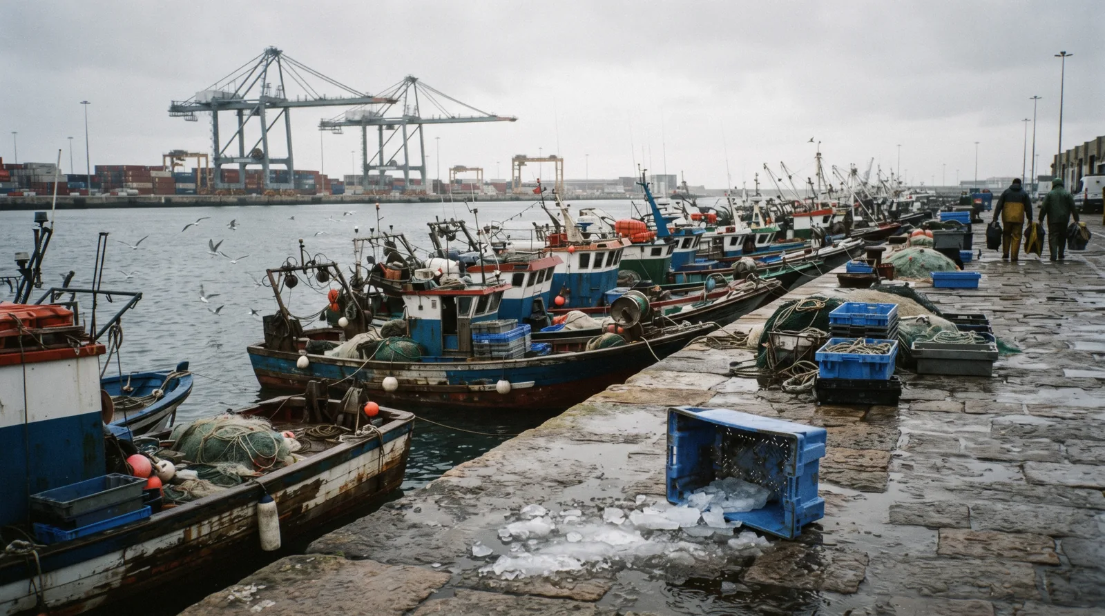 Fishing boats moored in the harbour at Matosinhos at 07:40 with the cranes of Leixoes port behind and gulls over the quay, Matosinhos Porto