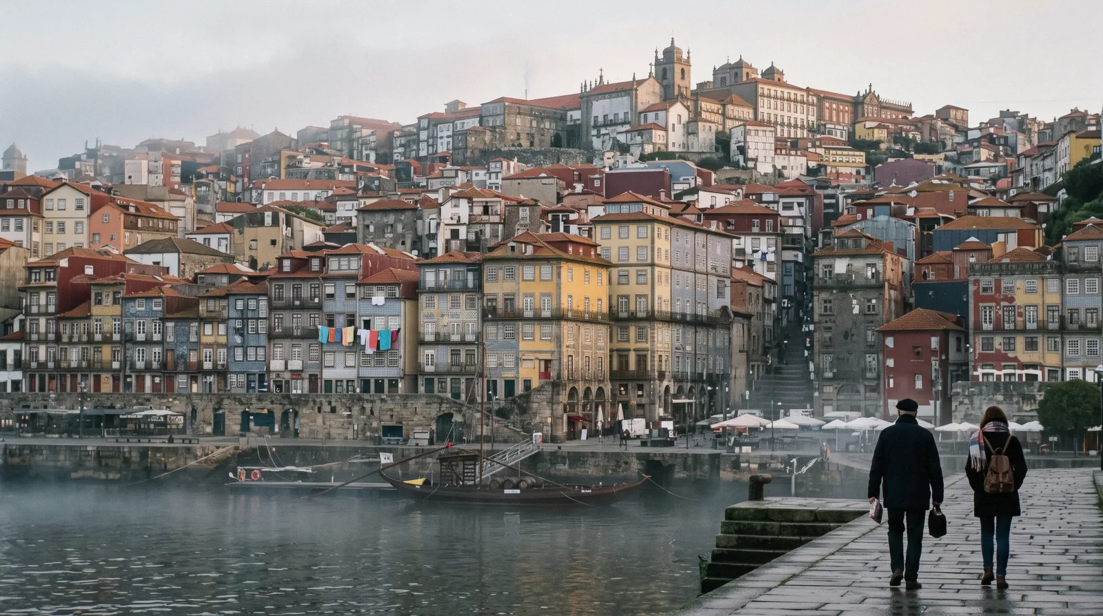 Tiled and painted house fronts stacked up the hill above the Douro at first light, the Porto neighborhoods seen from the Gaia bank, two figures small on the quay below