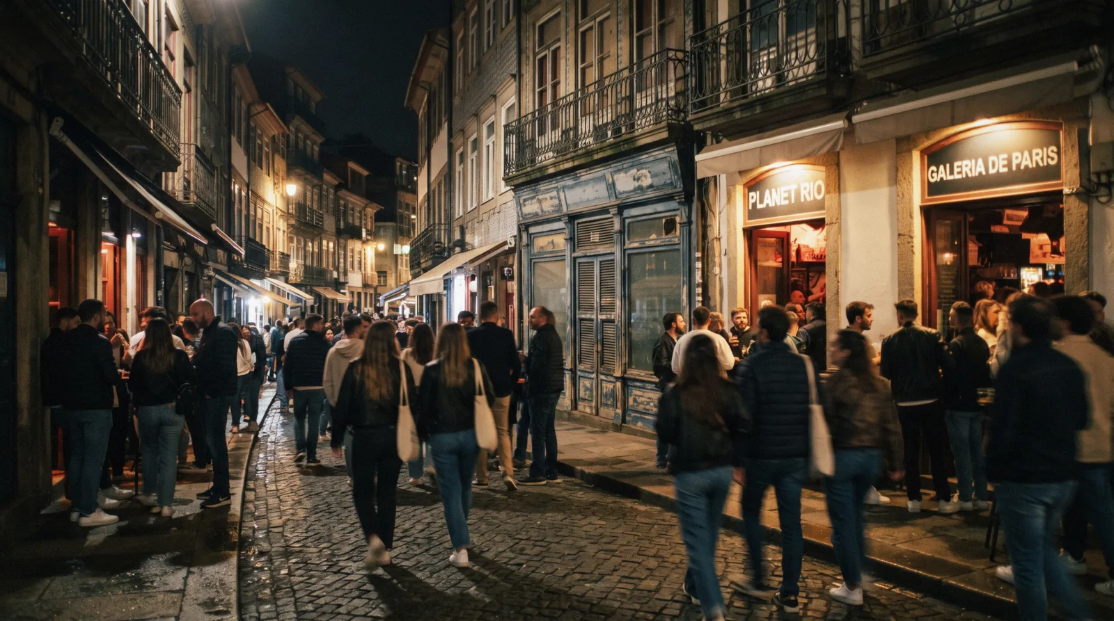 Rua Galeria de Paris at half past eleven on a Friday, bar doorways lit and drinkers standing in the narrow street, the centre of Porto nightlife