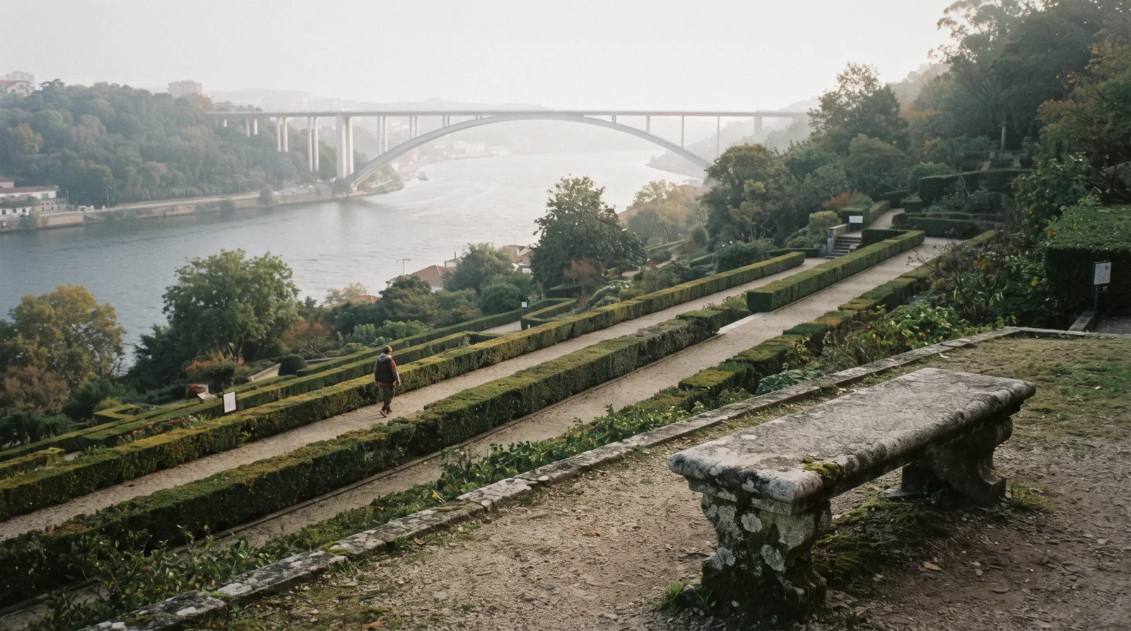 The clipped hedges and river terraces of the Jardins do Palácio de Cristal at 09:10 with the Douro and the Arrábida bridge below through the trees, one walker small on the gravel path, palacio de cristal porto