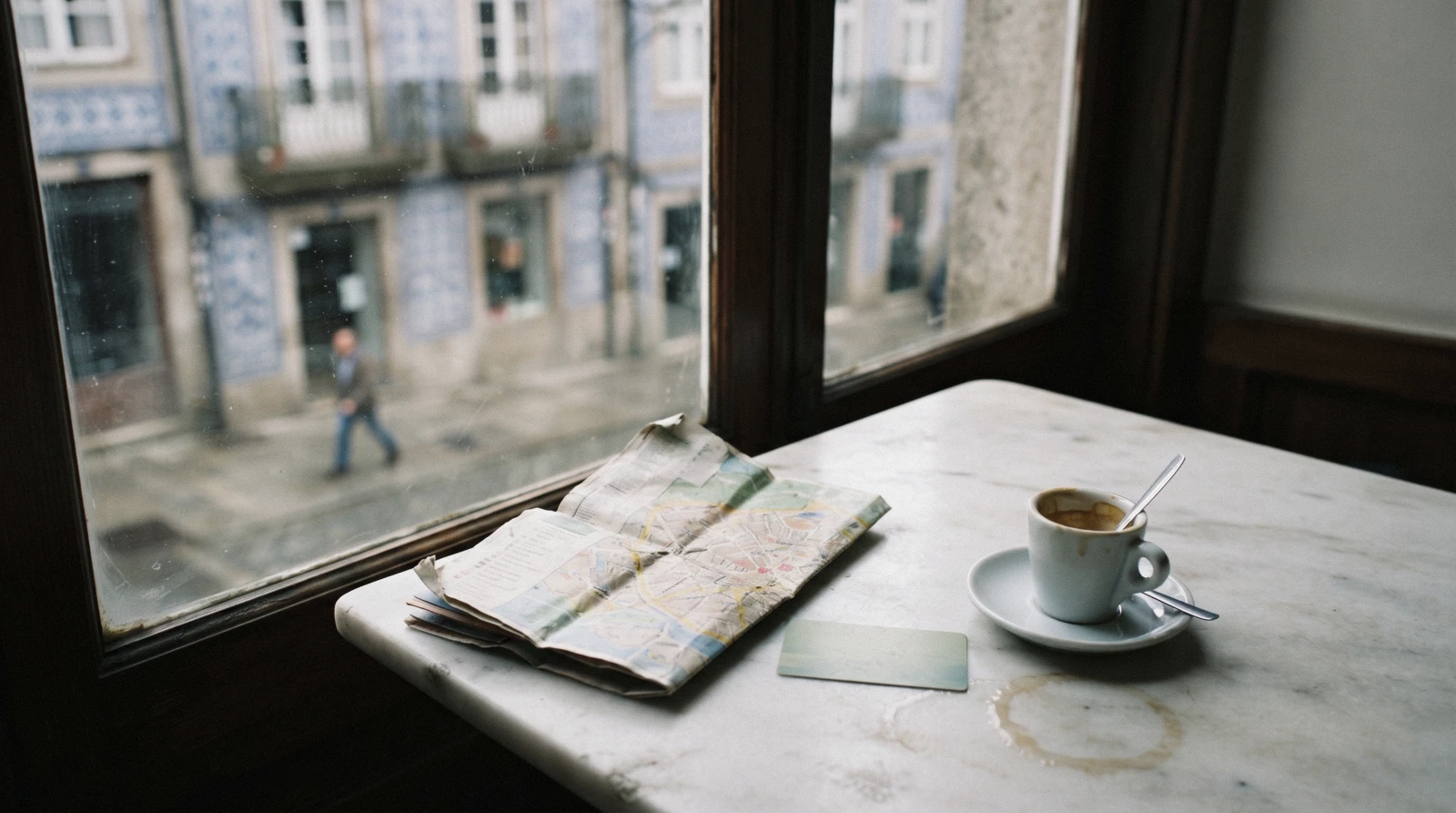 A Porto street map and a metro ticket on a café table beside a coffee at breakfast, planning a trip to Porto, the tiled front of a building out of focus behind