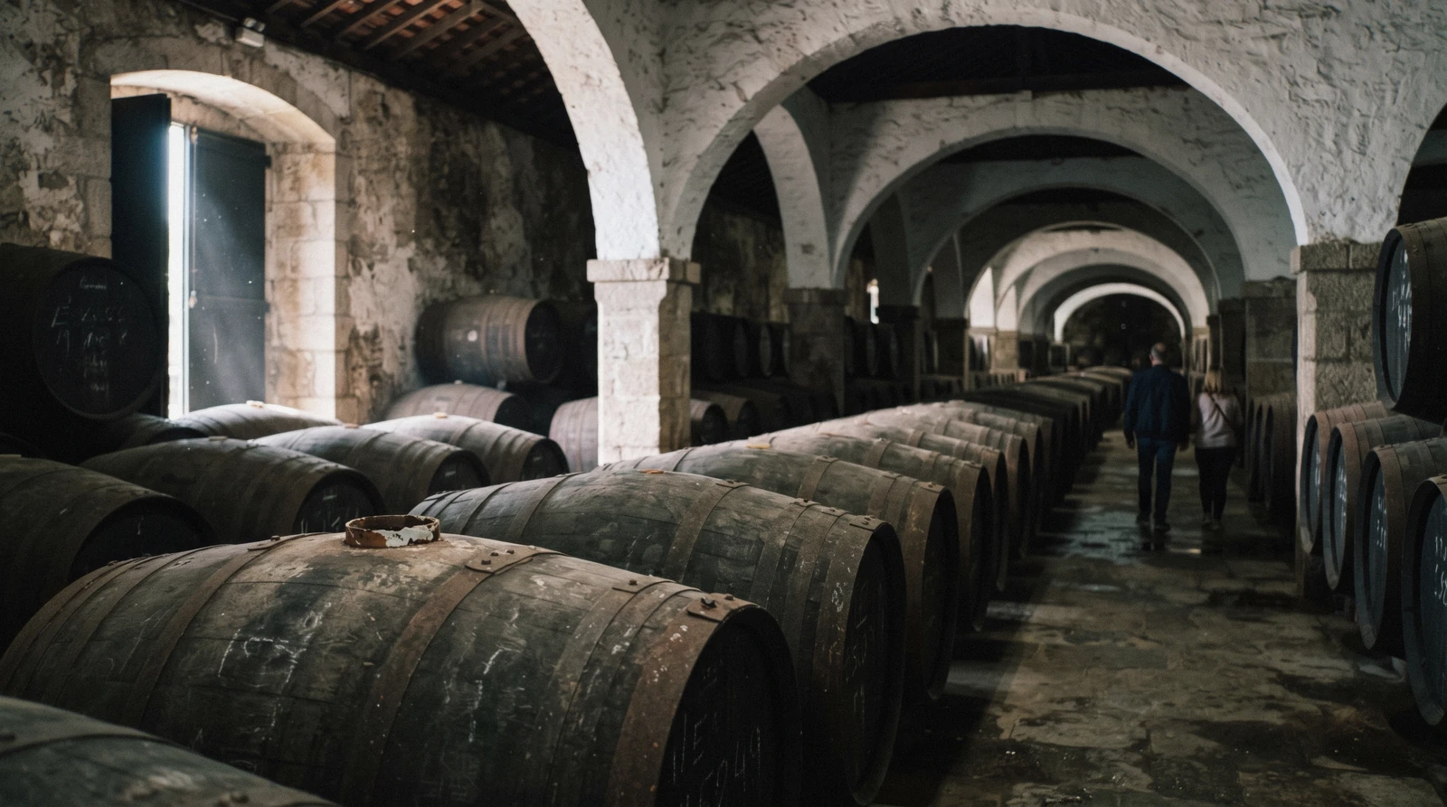 Rows of dark port casks under the granite arches of a Vila Nova de Gaia lodge, the cellars visited on a Porto port wine cellars tour