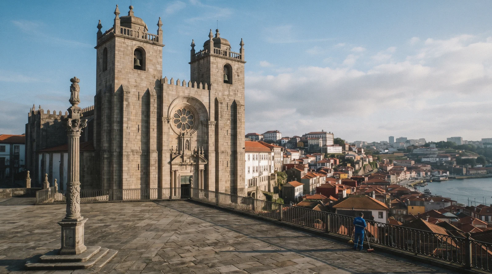 The twin towers and rose window of Porto Cathedral over the Terreiro da Sé at 08:30 from the Pelourinho column, a street sweeper small in the square, Porto Cathedral Sé do Porto