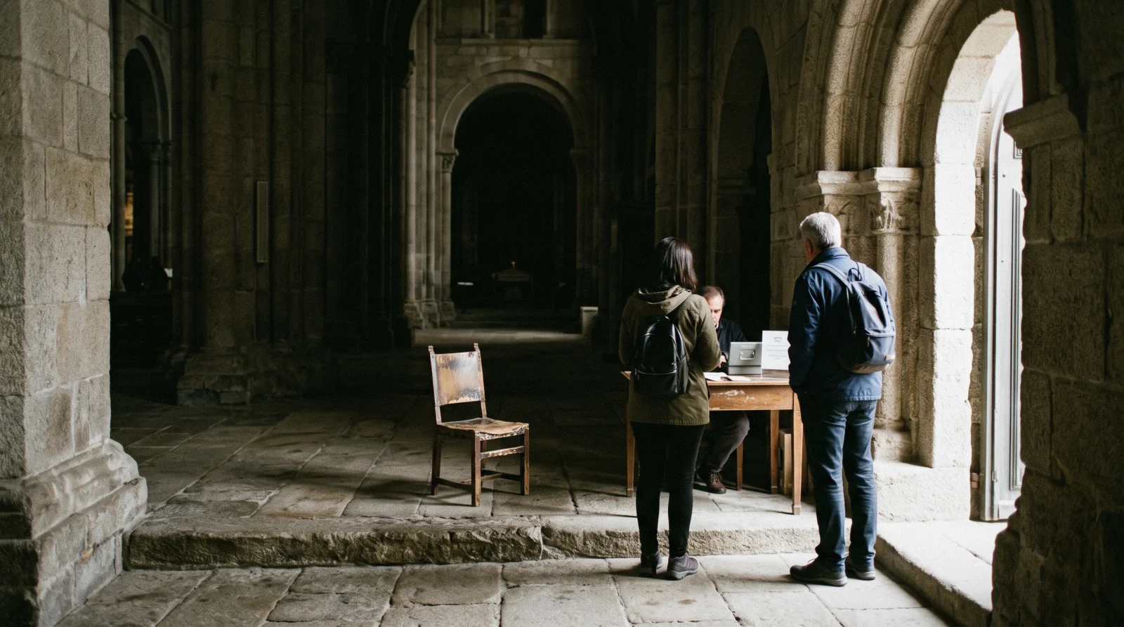 The ticket desk inside the west door of Porto Cathedral at 09:20, a visitor counting coins with the granite nave behind, Porto Cathedral tickets Se do Porto