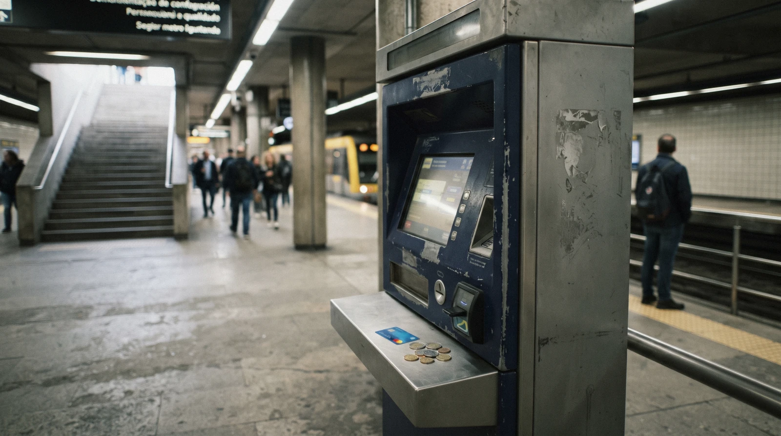 A ticket machine on the Trindade metro platform at 08:40 with a commuter small and seen from behind, coins and an Andante card on the ledge, the everyday arithmetic behind Porto costs