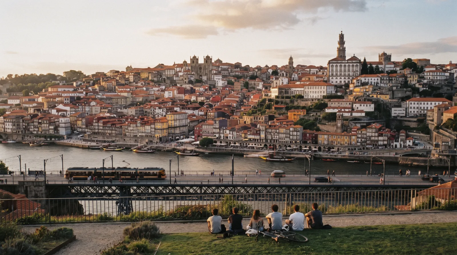The Ribeira quay and the upper deck of the Luís I bridge seen from the Gaia bank at 17:30, the last leg of Porto in 1 day before the walk back across