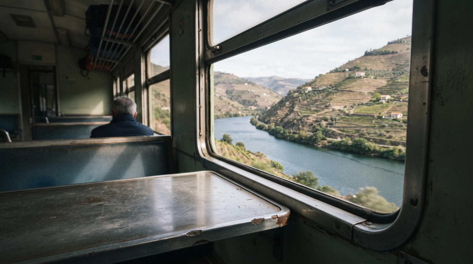 Terraced vineyards above the river at Pinhão seen from the InterRegional train window at 11:40, the third day of Porto in 3 days