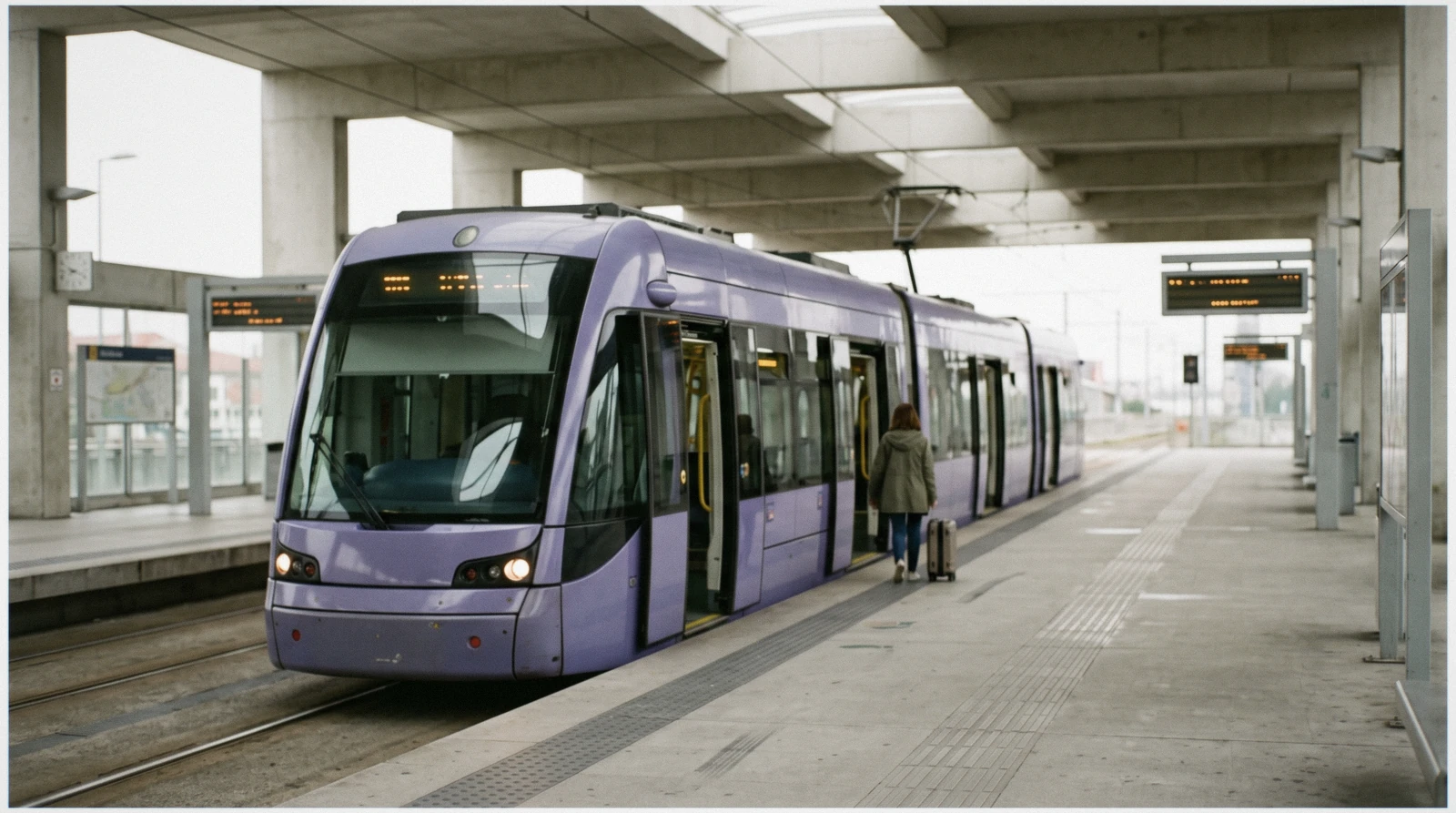 A violet line E metro train at the Aeroporto platform with a traveller and a cabin bag boarding for the centre, the start of a Porto layover