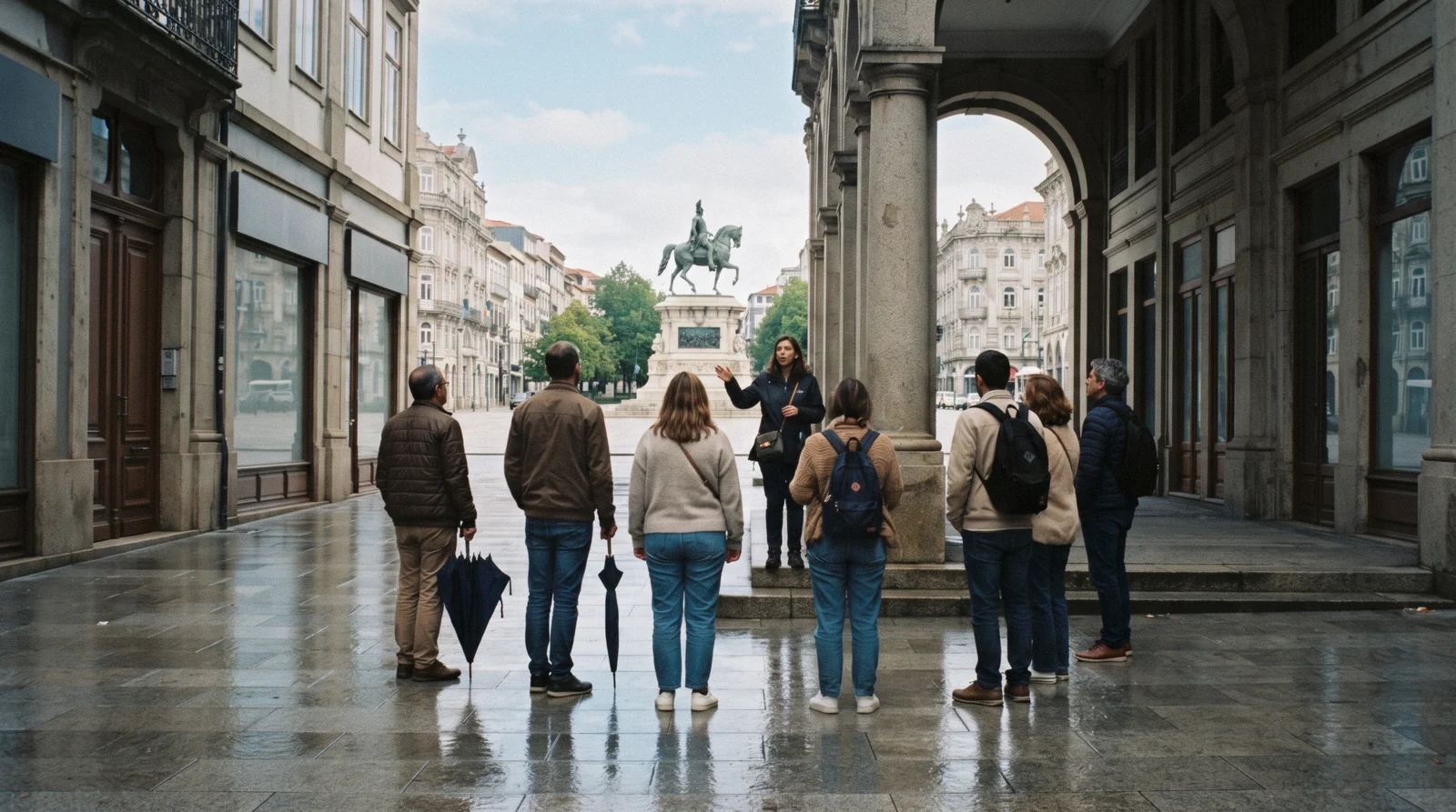 A small guided group gathered under the arcades on Praça da Liberdade in the morning light at the start of one of the walking Porto tours