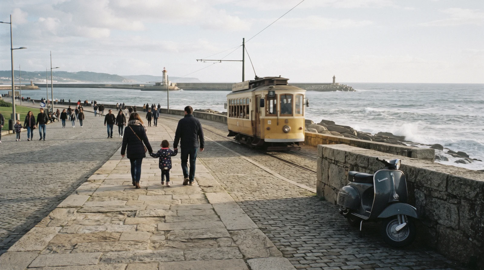 A family with two small children walking the upper deck of the Luís I Bridge towards Gaia at mid-morning, the cable car cabins visible above the riverside — Porto with kids