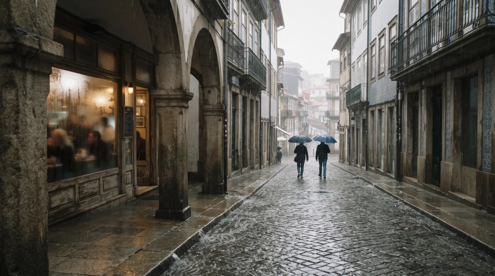 Umbrellas crossing the wet granite of Praça da Liberdade towards the Aliados at 10:00 on a grey November morning, the Clérigos tower half-lost in cloud — a Porto rainy day
