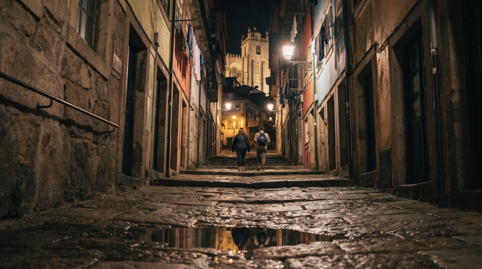 A lit granite lane climbing from the Ribeira towards the cathedral at 21:40, wet setts reflecting the lamps and two walkers small and seen from behind, the ordinary evening behind the question of whether Porto is safe