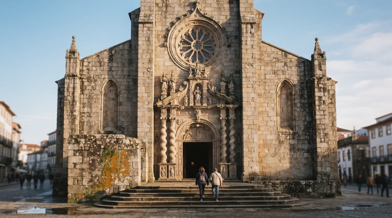 The Gothic rose window and Baroque west portal of the Igreja de São Francisco on Rua do Infante Dom Henrique at 09:10, low light on the granite and two visitors small in frame from behind, Igreja de São Francisco Porto