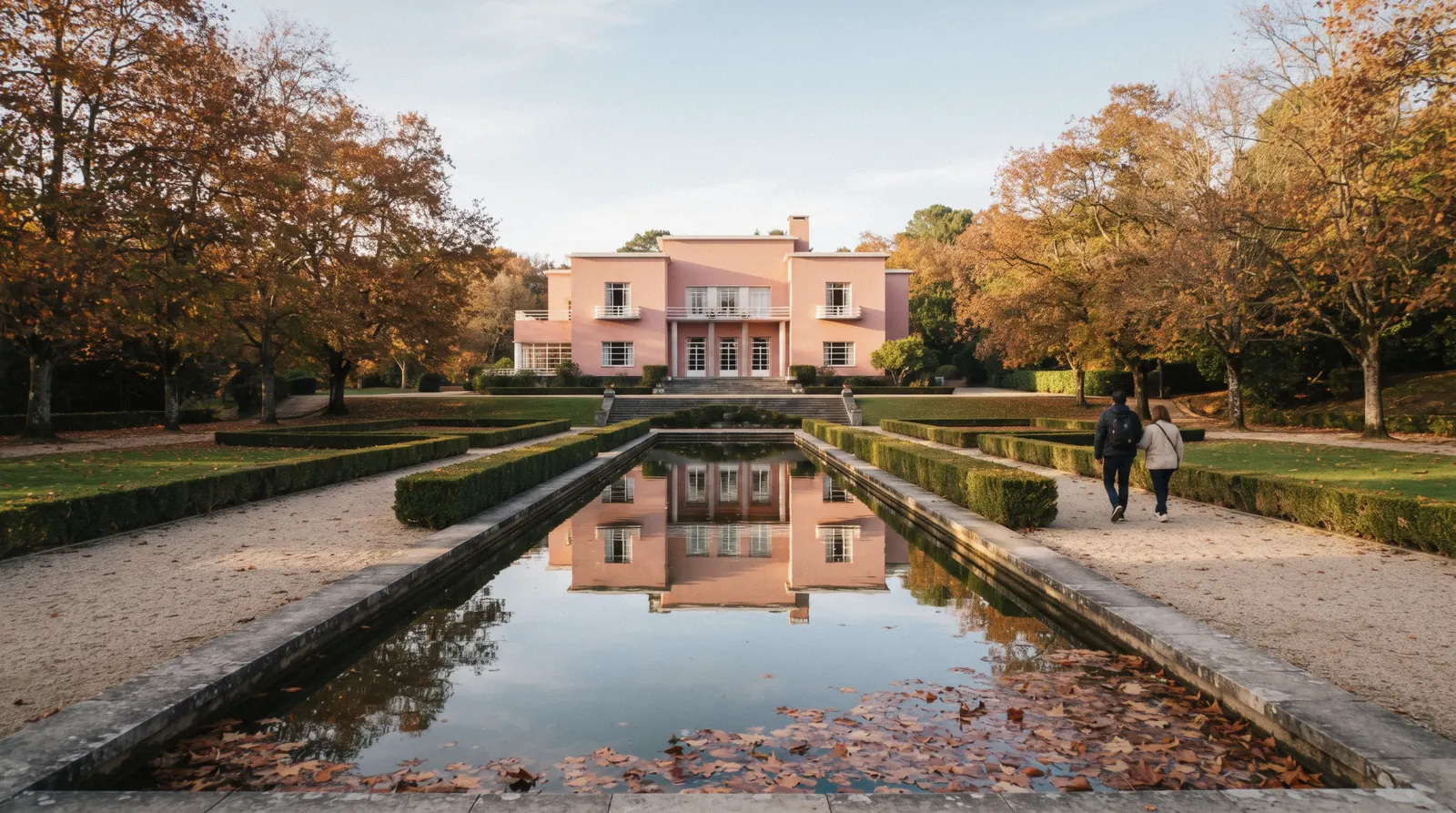 The pink Art Deco façade of Casa de Serralves seen down the long formal parterre at 10:20, a gardener small at the far fountain and the museum's white wing showing through the trees, Serralves Museum Porto