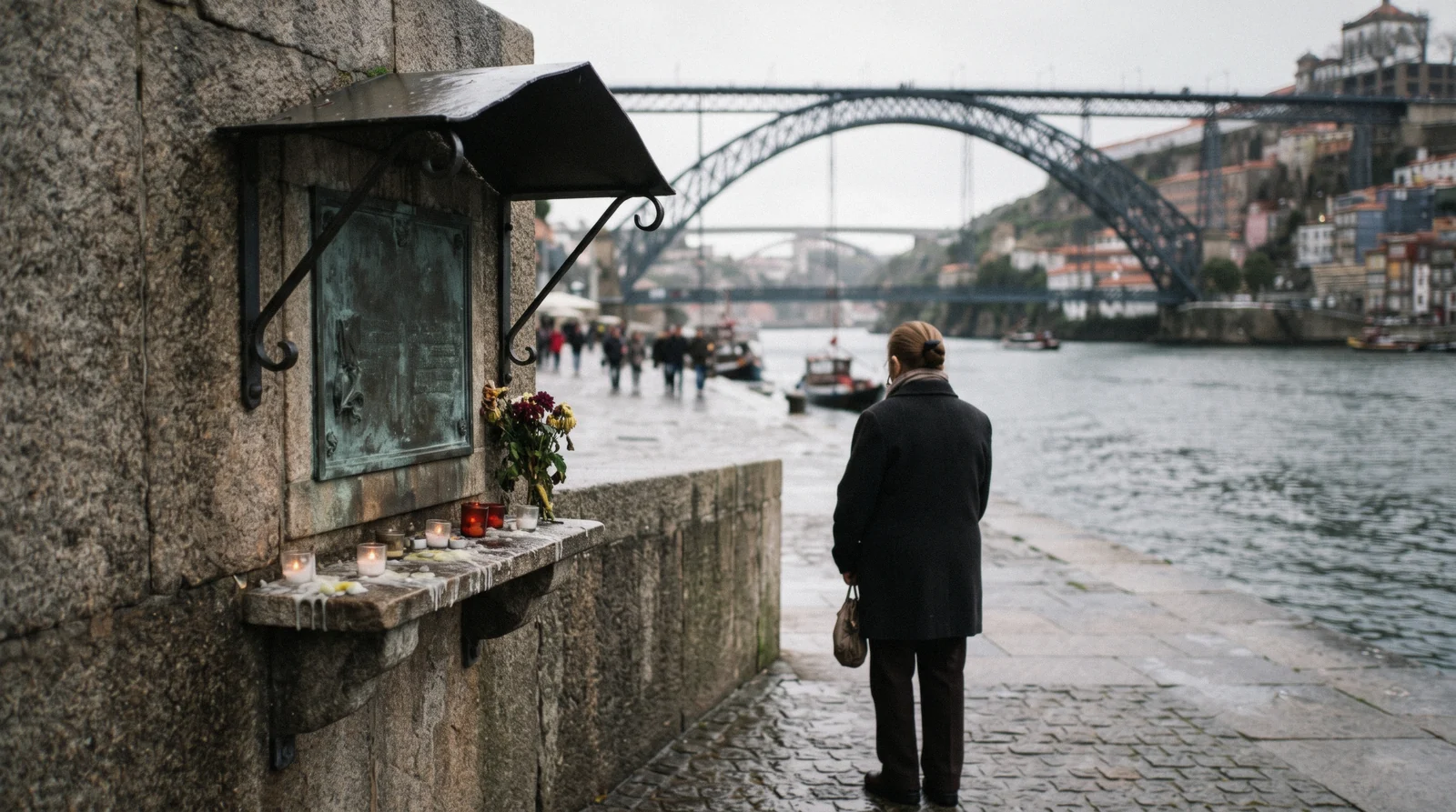 The Alminhas da Ponte bronze relief with candles on the Ribeira quay below the Luís I bridge, the memorial of the 1809 Ponte das Barcas disaster in Porto