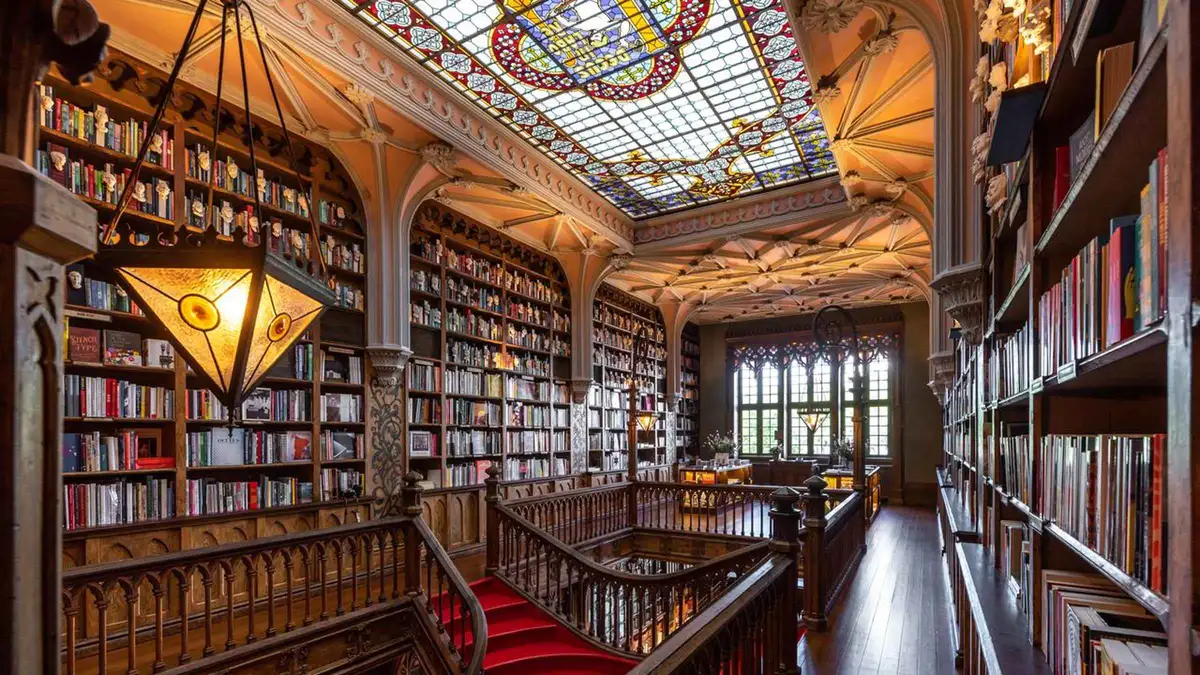 The carved forked staircase inside Livraria Lello, first stop on a Porto, Portugal must-see list