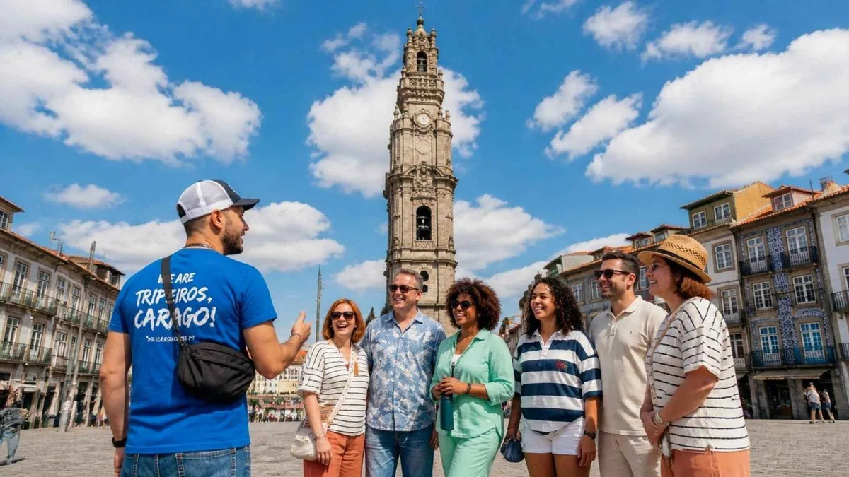 A walking group on the Rua das Flores in the Baixa, day two of a Porto in 2 days itinerary