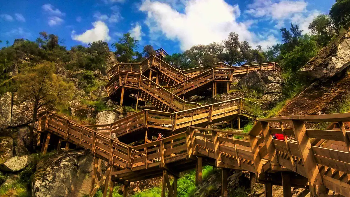 The wooden Paiva Walkways zigzagging down a wooded gorge near Arouca