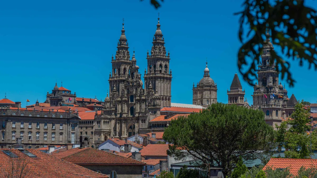 The towers of Santiago de Compostela cathedral above the old town