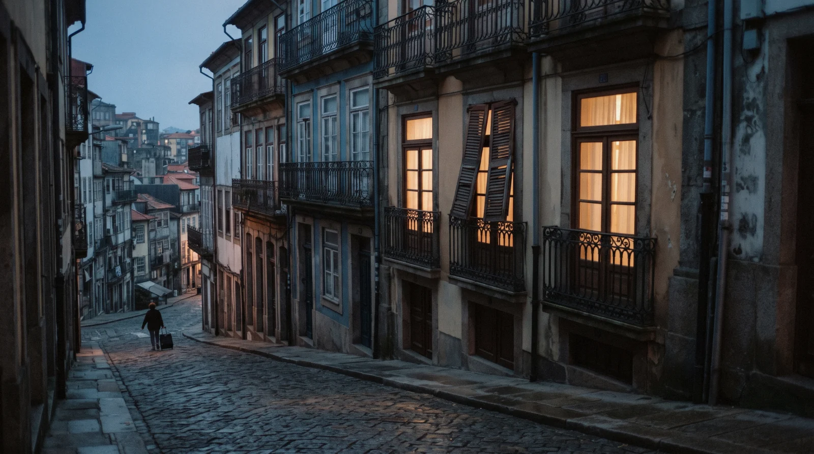 Balconied guesthouse windows above a granite street on the Porto ridge at dusk, lamps coming on, where to stay in Porto, one figure small at the corner below